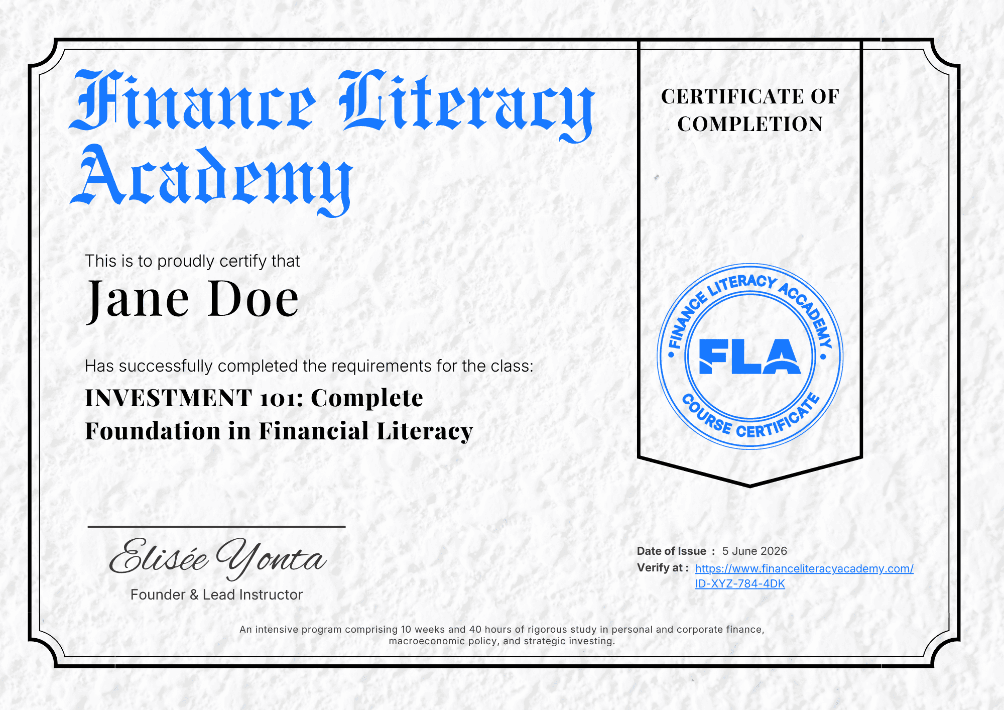 Official Certificate of Completion